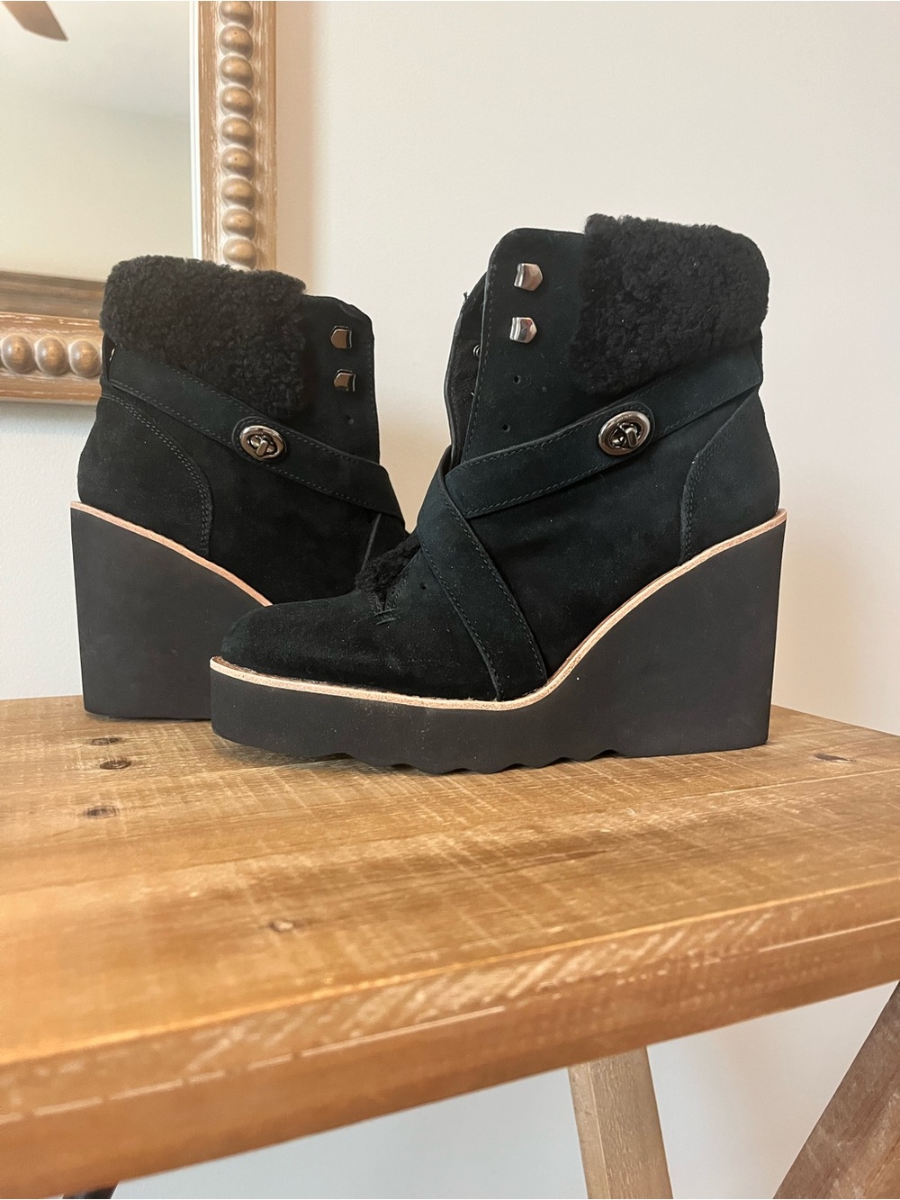 Coach Black Suede Wedge Ankle Boots with Shearling Cuff